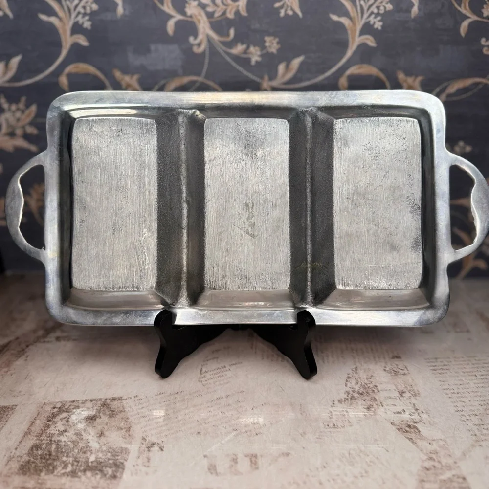 Vintage Pewter 3 Section Relish Tray Heavy Ornate Serving Dish Handles